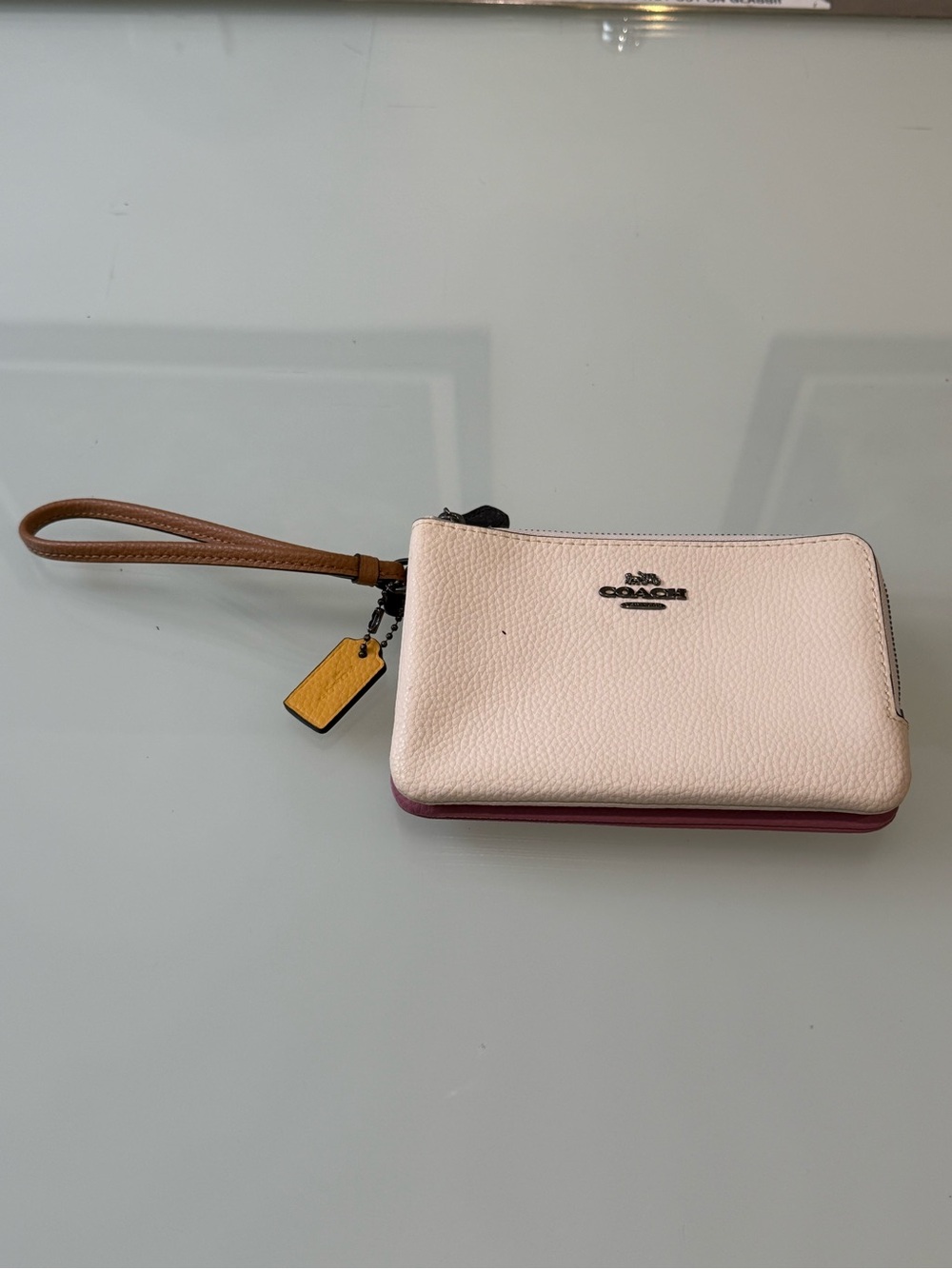 Coach Double Zip Wristlet Colorblock Pebble Leather Cream Pink